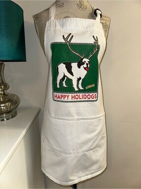 Vintage BIG DOGS Apron White “Happy Holidogs” Adjustable W/ Pockets Reindeer Dog